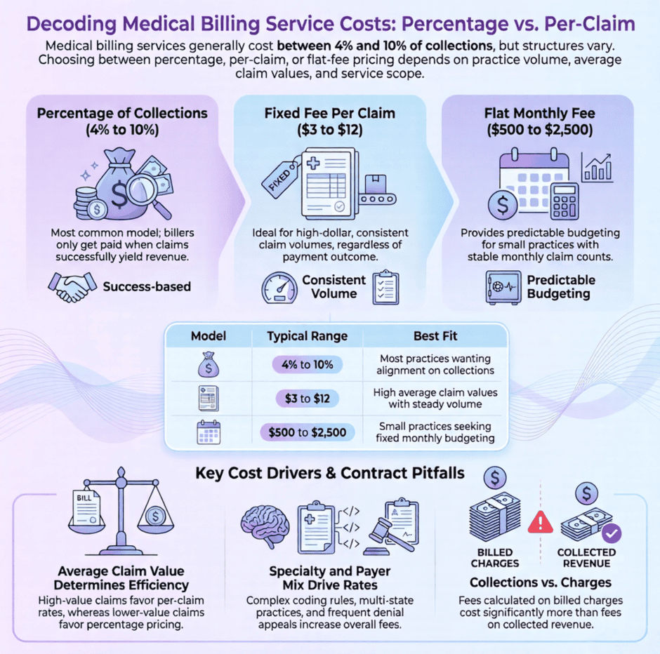 medical-billing-costs-infographic-guide | Medwave Billing & Credentialing Infographic Comparing Medical Billing Service Costs Across Percentage of Collections at 4% to 10%, Fixed Fee Per Claim at 3 to 12 Dollars, and Flat Monthly Fee at 500 to 2,500 Dollars