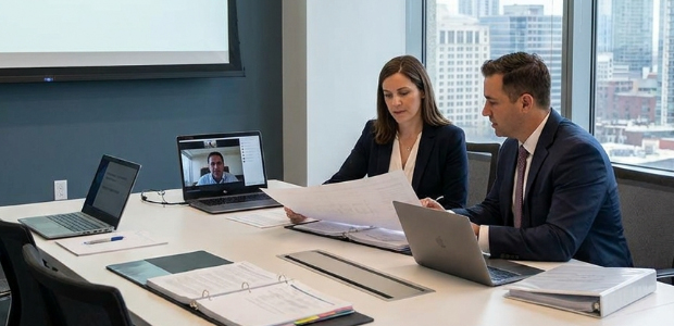 Two healthcare billing consultants review payer contract documents at a conference table while a colleague joins by video call