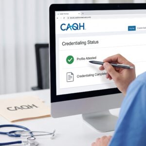 Provider in Blue Scrubs Reviewing a Caqh Proview Credentialing Status Screen Showing Profile Attested and Credentialing Complete