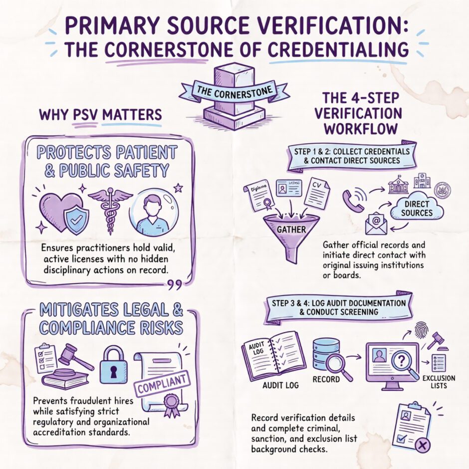 Hand-drawn Infographic Explaining Primary Source Verification in Provider Credentialing, Covering Why Psv Matters for Patient Safety and Compliance, Plus a Four-step Verification Workflow.