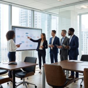Credentialing Team Executives Collaborating on a Digital Screen
