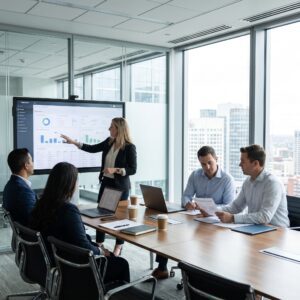 Credentialing Team Executives Collaborating on a Digital Screen