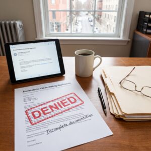 Professional Credentialing Application Stamped Denied in Red with a Handwritten Note Reading Incomplete Documentation, on a Desk Beside a Tablet and Coffee Mug