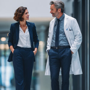 HIspanic Female Healthcare Executive Talking with White Male Doctor