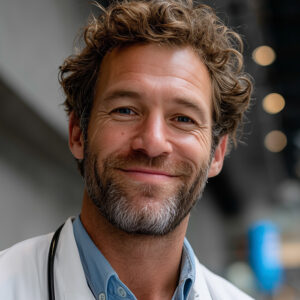 Curly-haired, White male medical doctor