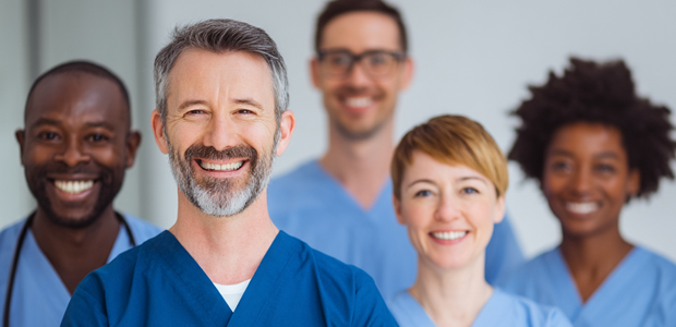 Group of diverse medical doctors in scrubs, smiling