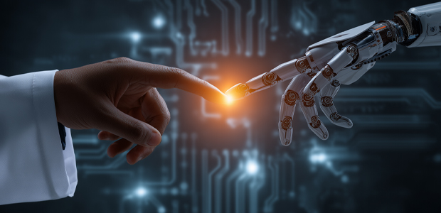 AI Black Male Medical Doctor Touches Robot Finger