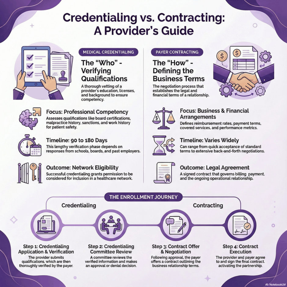 Credentialing vs Contracting -- Provider's Guide (infographic)