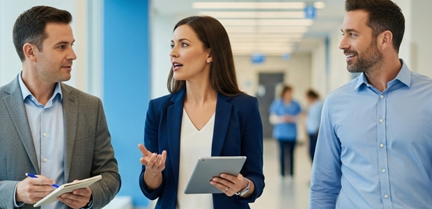 Healthcare Organization Admins Talking, Walking