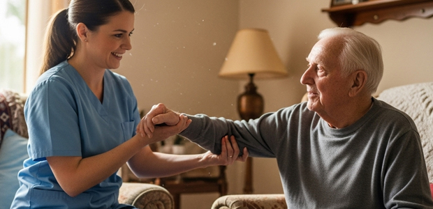 Home Health Worker, White Female Treating a Male Patient