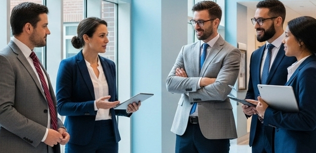 Payer Contracting Experts Talking in a Healthcare Group HQ