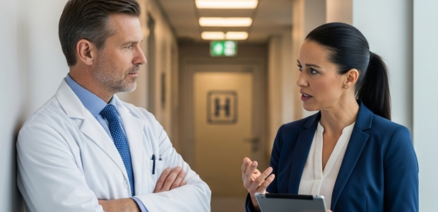 White Male Doctor Talking to a Female Hispanic Woman