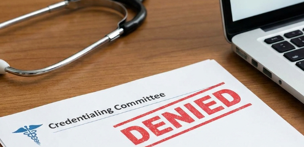 Credentialing committee letter stamped DENIED in red, next to a stethoscope and laptop on a wooden desk