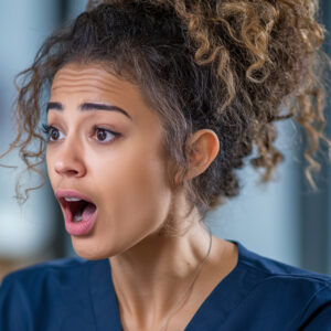 Visibly Surprised Mulatto Female Needing Credentialing Service