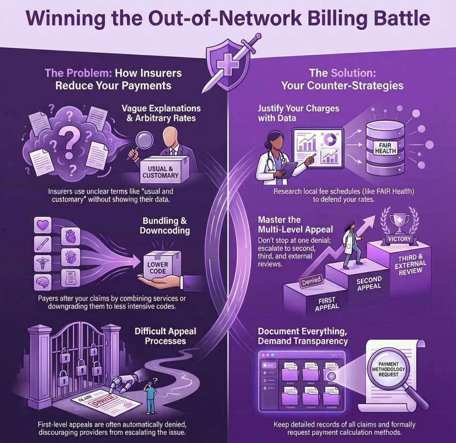 Win the Out-of-Network Billing Battle (infographic - purple w/ icons)