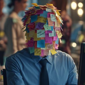 Frustrated Medical Credentialing Specialist w/ Post-it Notes on head