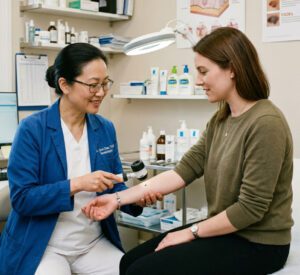 Skin analysis being performed by a dermatology specialist