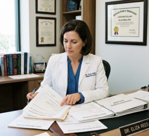 Dermatologist studying credentialing paperwork