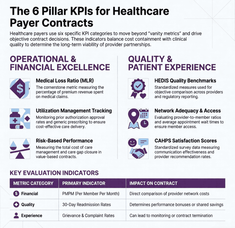 Infographic Heading: "the 6 Pillar Kpis for Healthcare Payer Contracts" with Two Kpi Columns Below.