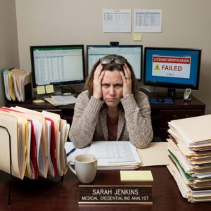 Credentialing Denied Scene, Frustrated Analyst