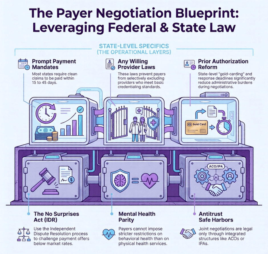 Payer Negotiation Blueprint, Federal and State Law (infographic)