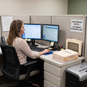 hipaa-compliant-medical-biller-at-desk | Medwave Hipaa Compliant Medical Biller at Work, in Cubicle