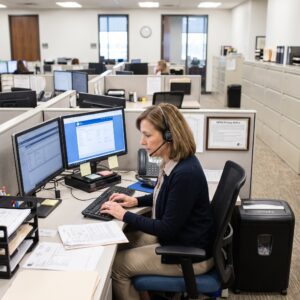 Hipaa Compliant Medical Biller at Work, in Cubicle