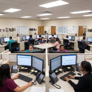 medical-bllers-at-cubicles-on-phones | Medwave Medical Billers at Work, at Their Cubicles