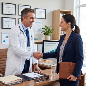 Medical Doctor Shaking Hands with Rate Negotiation Expert