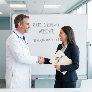 Medical Doctor Shaking Hands with Rate Negotiation Expert