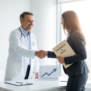 Medical Doctor Shaking Hands with Rate Negotiation Expert