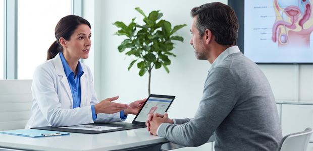 urologist-speaking-to-patient-in-modern-office | Medwave Urologist Talking W/ Patient in Modern Medical Office