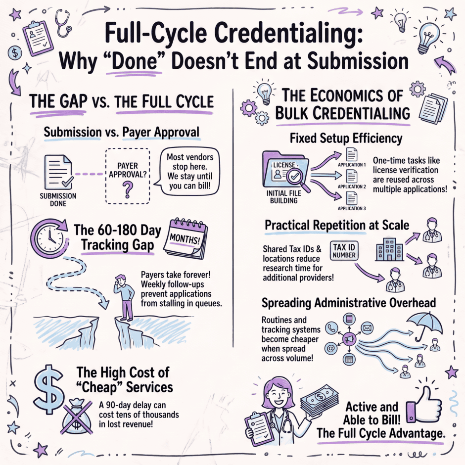 Hand-drawn Style Infographic Contrasting Credentialing Submission with Payer Approval and Explaining the Economics of Bulk Credentialing