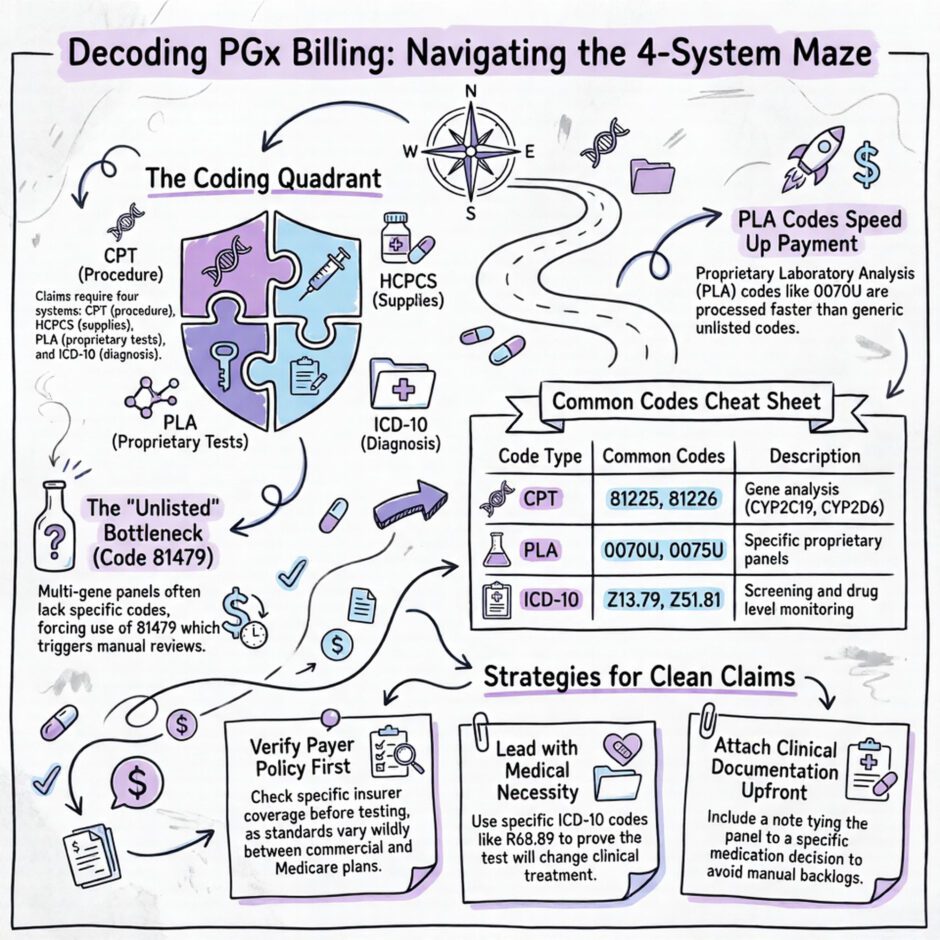 Infographic Titled'Decoding PGx Billing: Navigating the 4-System Maze,' showing a four-piece puzzle icon for CPT, HCPCS, PLA, and ICD-10 codes, plus a sample code cheat sheet and three strategies for clean PGx claims.