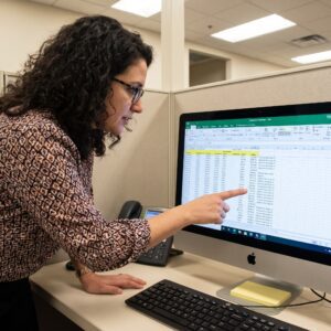Billing Specialist Pointing to a Claims Data Spreadsheet on Her Desktop Monitor.