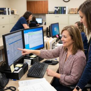 Billing Team Reviewing Patient Billing Records Together at a Shared Workstation