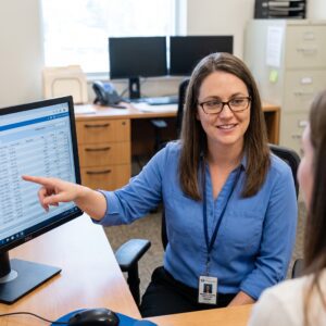 Medical Billing Specialist Smiling While Pointing out a Billing Code to a Colleague.