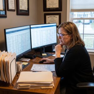 Credentialing Manager Reviewing a Provider Portal on Dual Monitors, Hand on Chin.