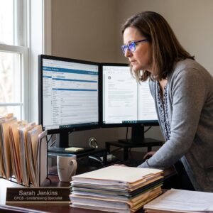 Credentialing Specialist Standing at Her Desk Checking Provider Verification Records.