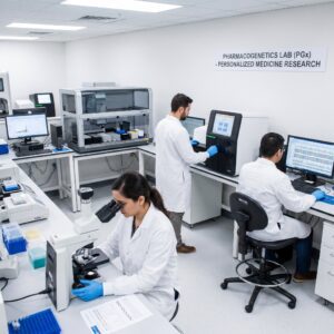 Lab Staff in White Coats Work Beneath a Sign Reading'Pharmacogenomics Lab (PGx) – Personalized Medicine Research'; a technician reviews a DNA sequence printout while examining a sample under a microscope, and two colleagues operate lab computers and instruments.