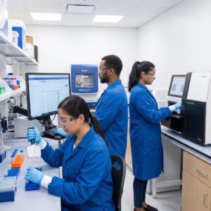 Three Lab Technicians in Blue Lab Coats and Safety Glasses Working in a Pharmacogenomic (pgx) Lab; a Scientist in the Foreground Uses a Multichannel Pipette While a Pgx Report Displays on a Monitor, with an Applied Biosystems Thermocycler and an Illumina Sequencer in the Background.