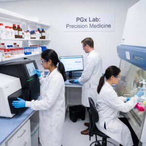 Three Researchers in White Lab Coats Work Under a'PGx Lab: Precision Medicine' sign; one operates a touchscreen lab instrument, one reviews genomic data on a monitor, and one handles samples inside a biosafety cabinet, with reagent bottles on shelves above.