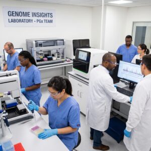 a Six-person Laboratory Team in Blue Scrubs and White Lab Coats Works at a'Genome Insights Laboratory – PGx Team' station; a technician pipettes samples into a multiwell plate in the foreground while colleagues operate sequencing and liquid-handling instruments and review genomic data on monitors in the background.