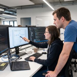 Two It Professionals Reviewing an Rpa Invoice Processing Workflow Diagram on Dual Monitors