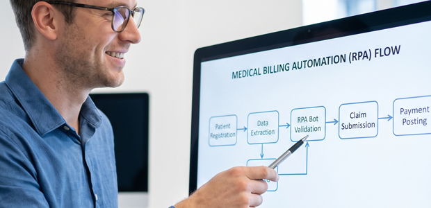 Man Pointing to a Medical Billing Rpa Workflow Diagram Showing Patient Registration Through Payment Posting