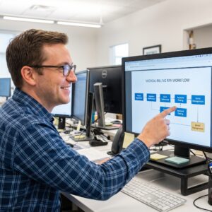 Developer Reviewing a Medical Billing Rpa Workflow Diagram on a Monitor