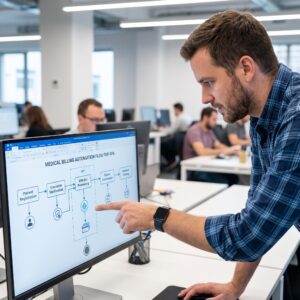 It Professional Pointing at a Medical Billing Automation Flow Document on Screen