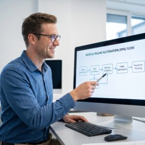 Smiling Professional Pointing to a Medical Billing Rpa Automation Flow on an Imac Screen