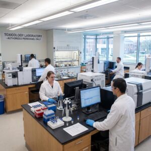 Toxicology Laboratory Staff Conducting Sample Analysis on Multiple Workstations