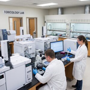 Two Toxicology Scientists Examining Samples Under Microscope in Laboratory